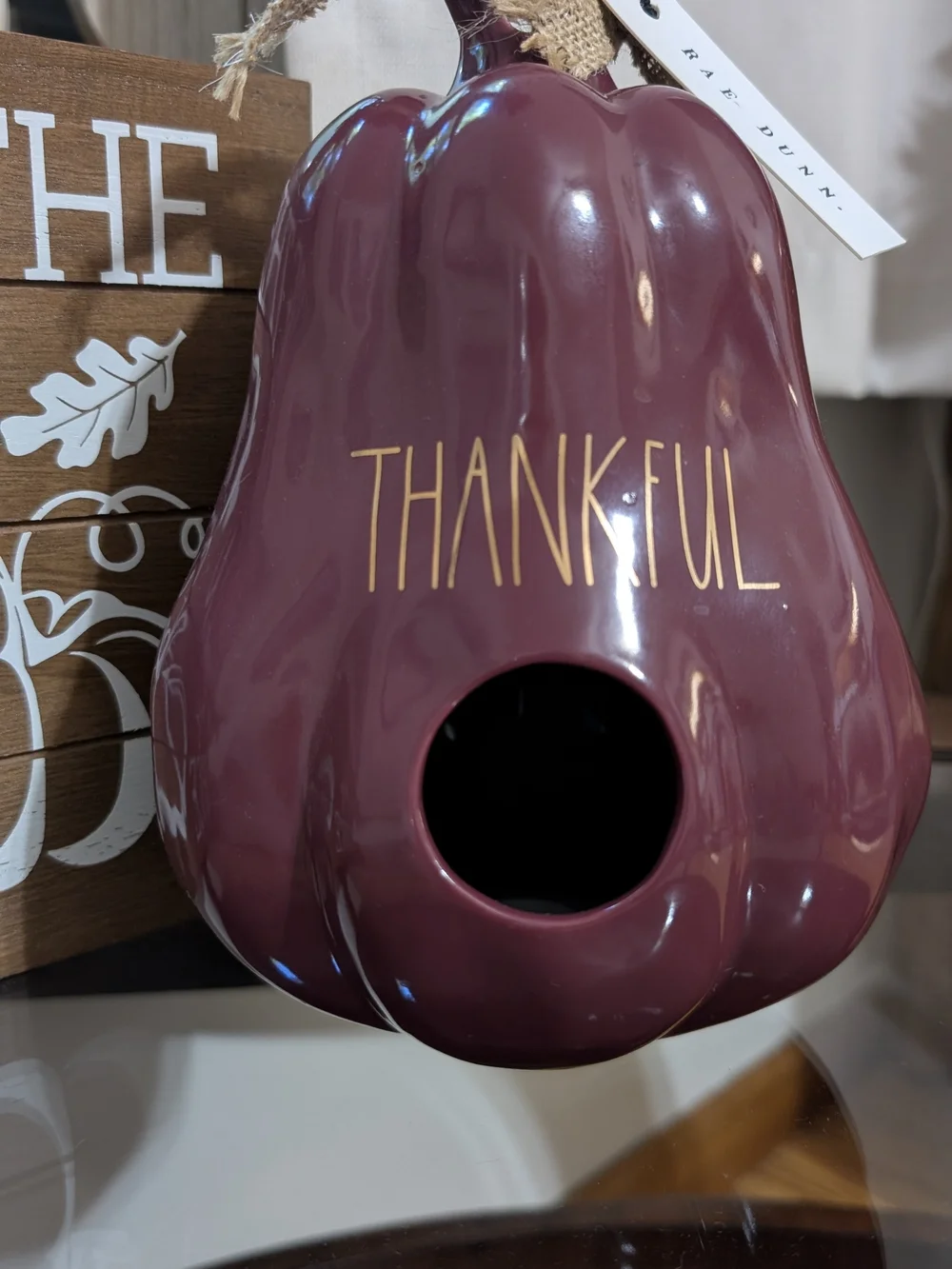 Rae Dunn Plum Ceramic Pumpkin with Burlap Accent